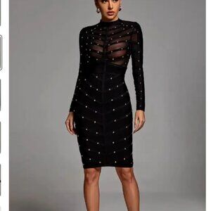 Sexy Black Gold Studded Bandage Dress Mesh See Through -XL
